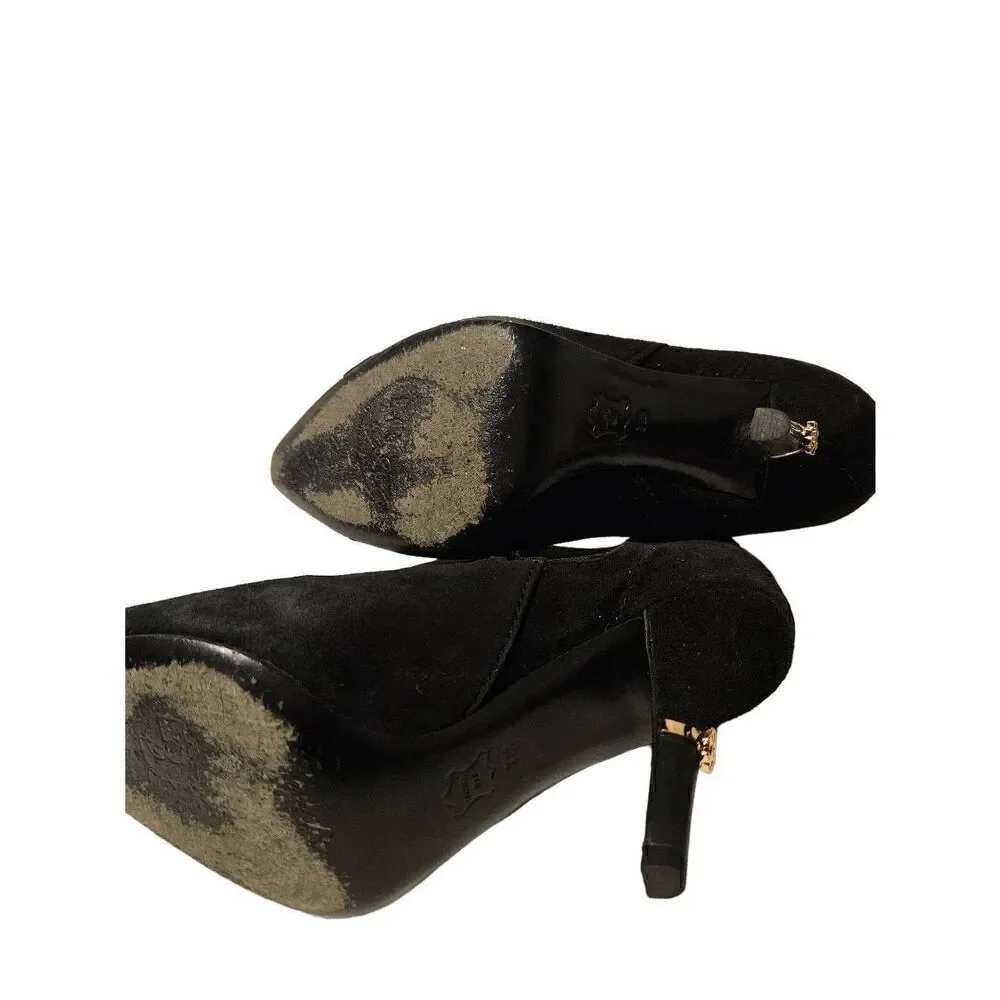 Tory Burch black suede ankle booties with gold emblem on heel. Size 7.
